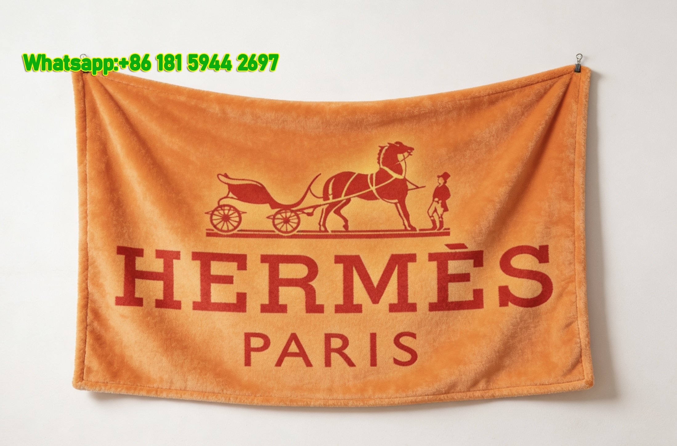 Hermès Paris Orange Horse Carriage Logo Flannel Throw Blanket IMG_5106